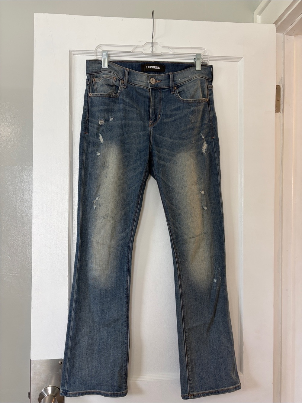 Express Faded Distressed Bootcut Jeans - Blue